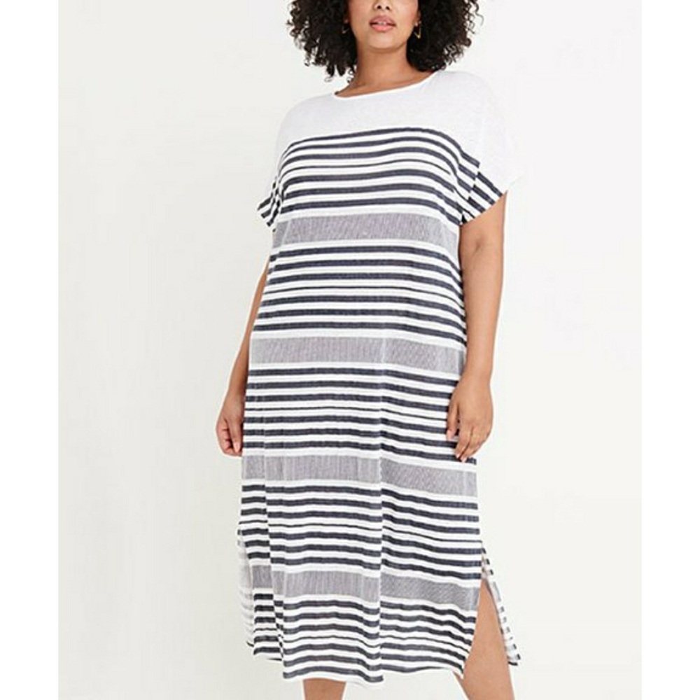 Ryllace Garnet Hill 100% Organic Linen Stripes Maxi Dress Plus 2X NEW